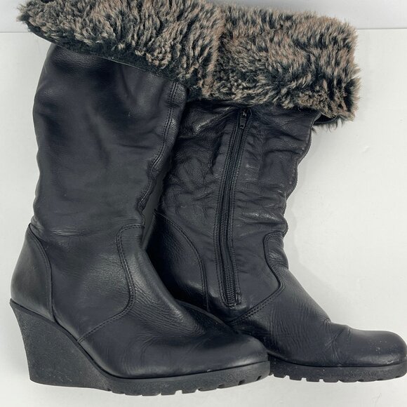 Unbranded Leather Boots Size 9.5 EU 40 Black Almond Toe Wedge Heel 3in Faux Fur - Picture 2 of 6